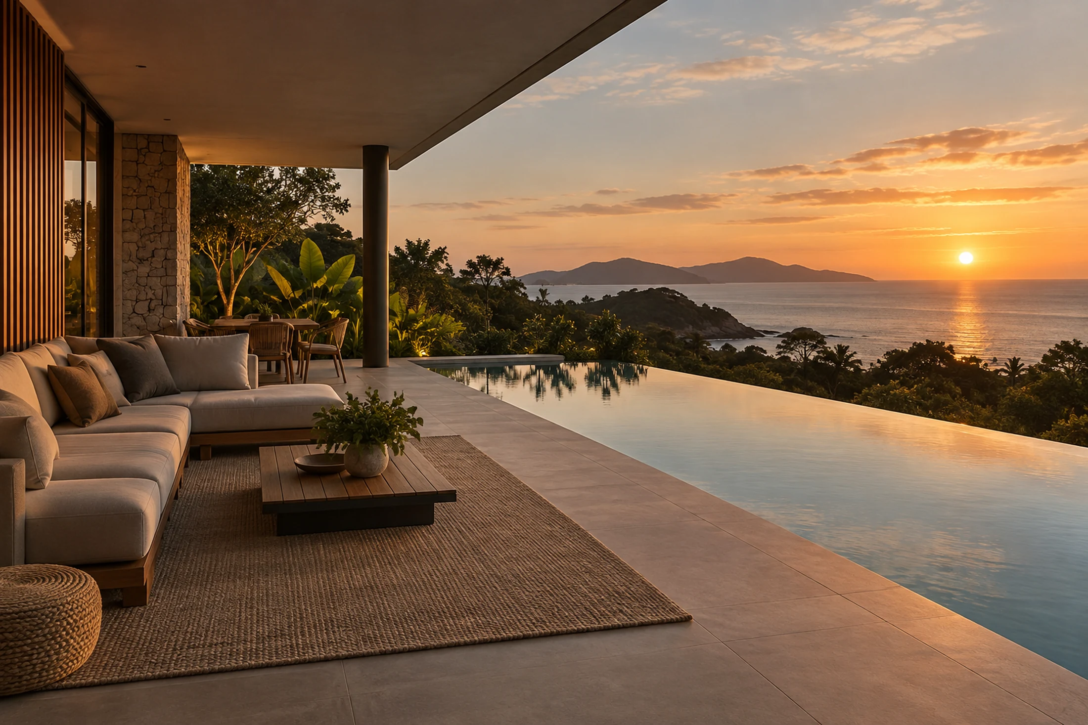 Terraço de residência entregue, com estar externo e piscina, ao entardecer