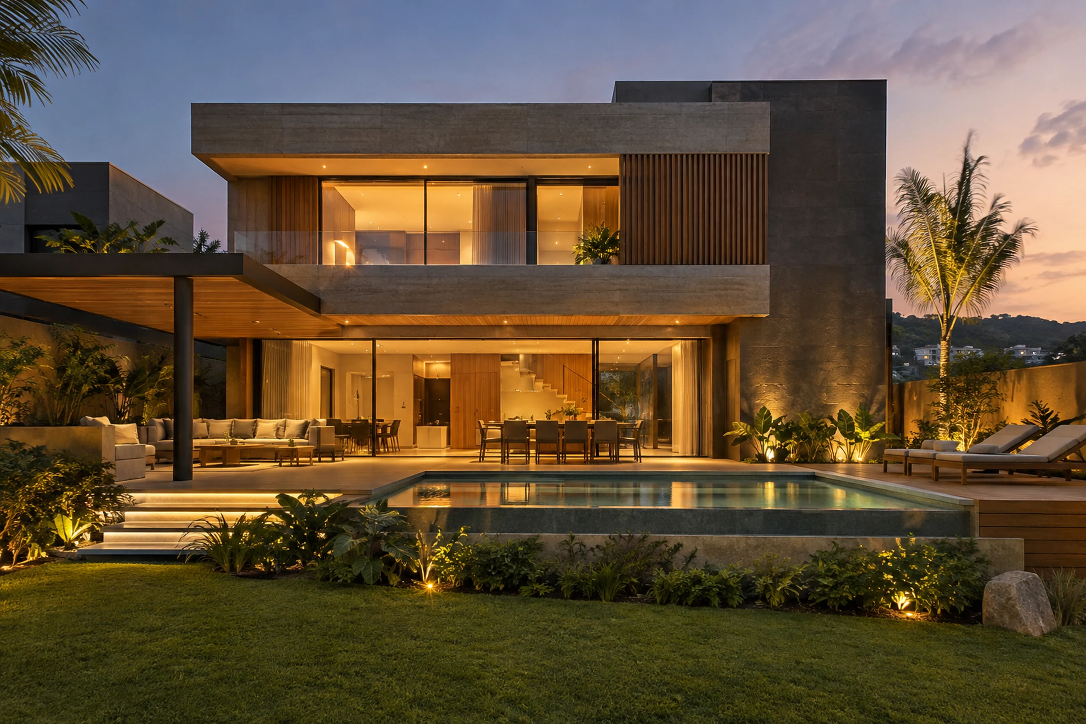 Residência contemporânea entregue, com área de piscina e estar integrado ao jardim