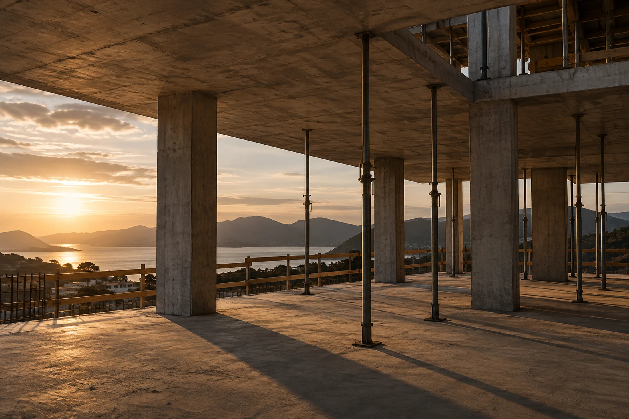 Estrutura de concreto em fôrma numa obra residencial, ao fim da tarde