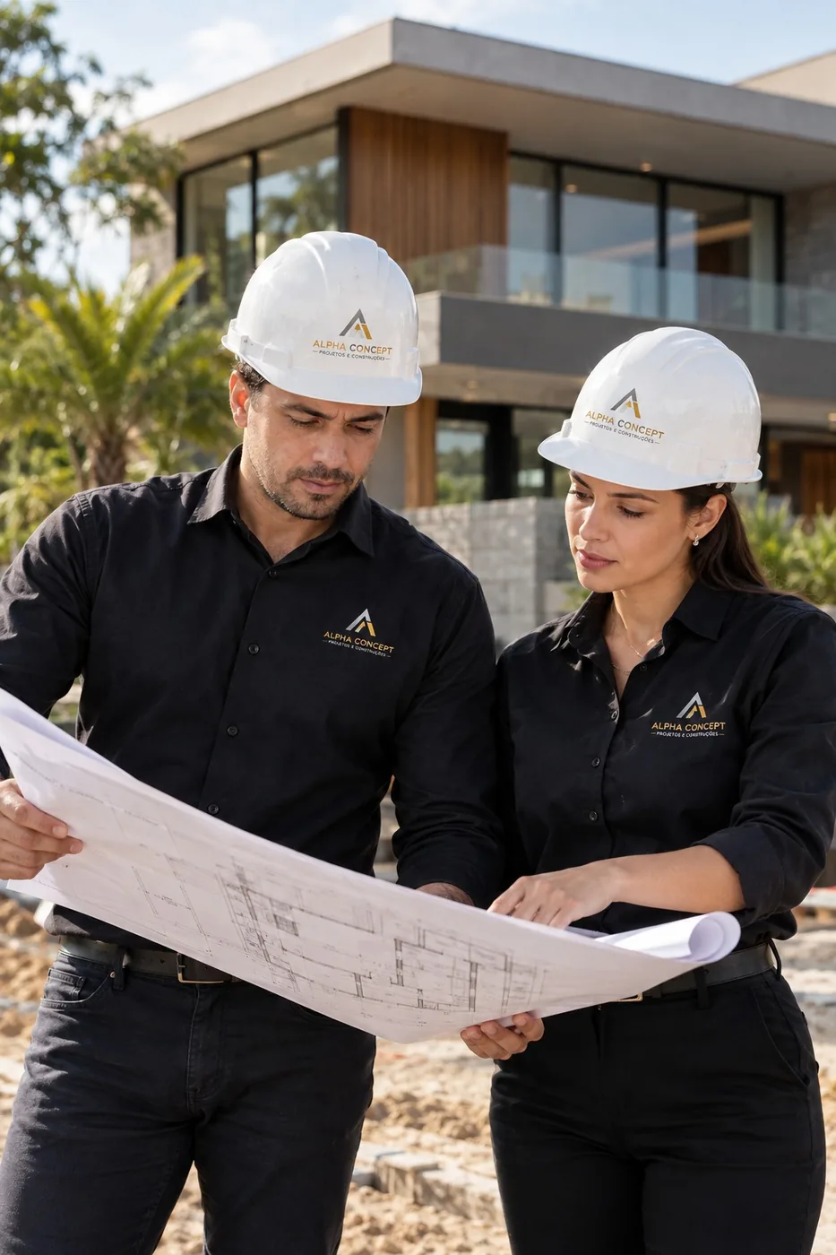 Equipe da Alpha Concept, de capacete e uniforme, analisando a planta de uma obra residencial no canteiro