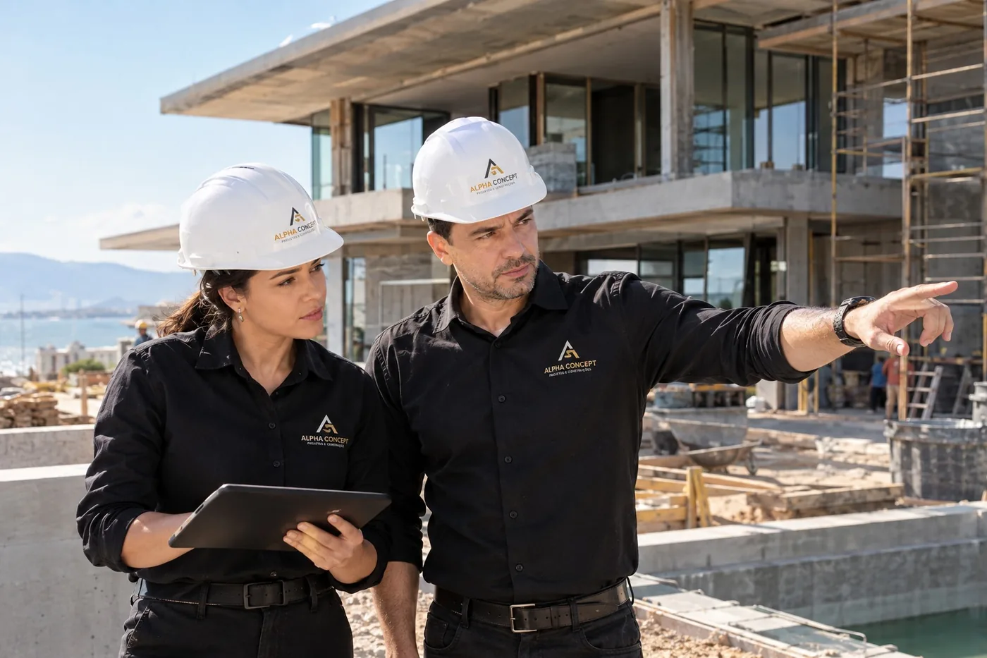 Equipe da Alpha Concept, de capacete e uniforme, coordenando a obra de uma residência de alto padrão no canteiro